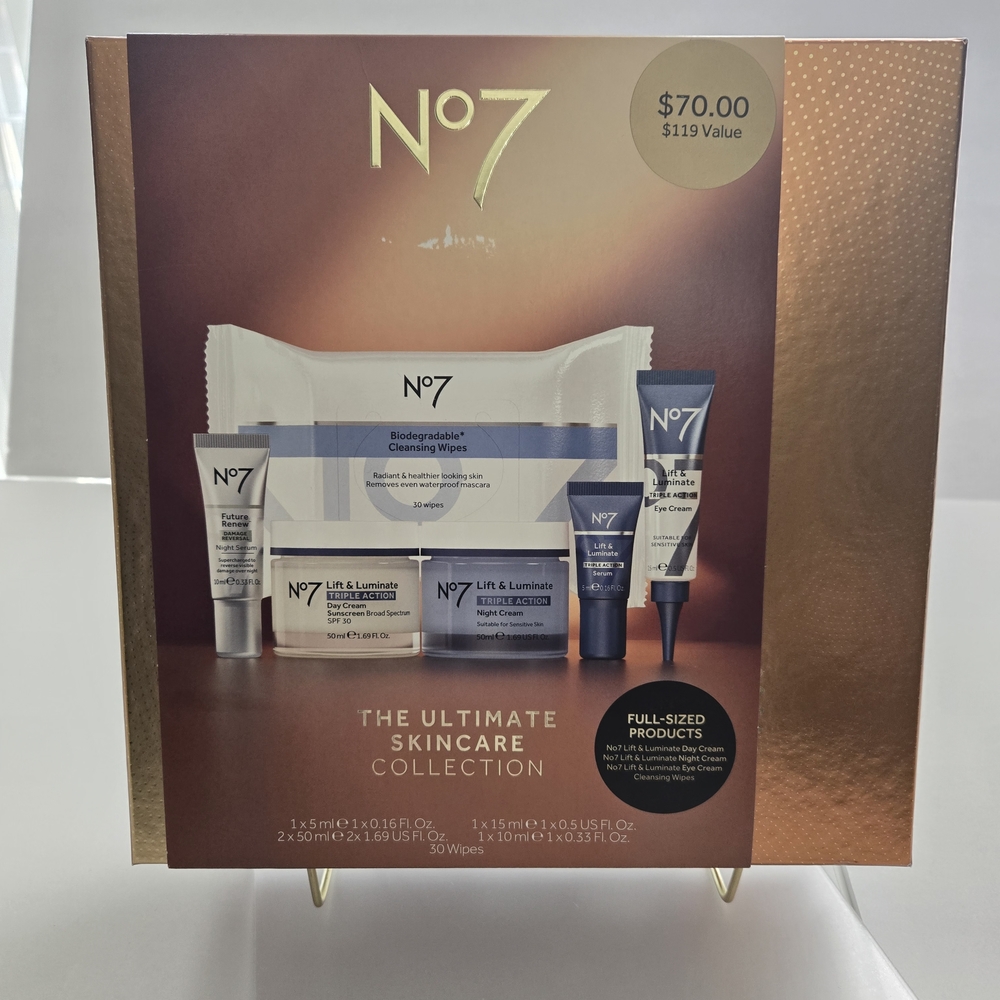 No7 Skincare Collection with Gold and White Packaging
